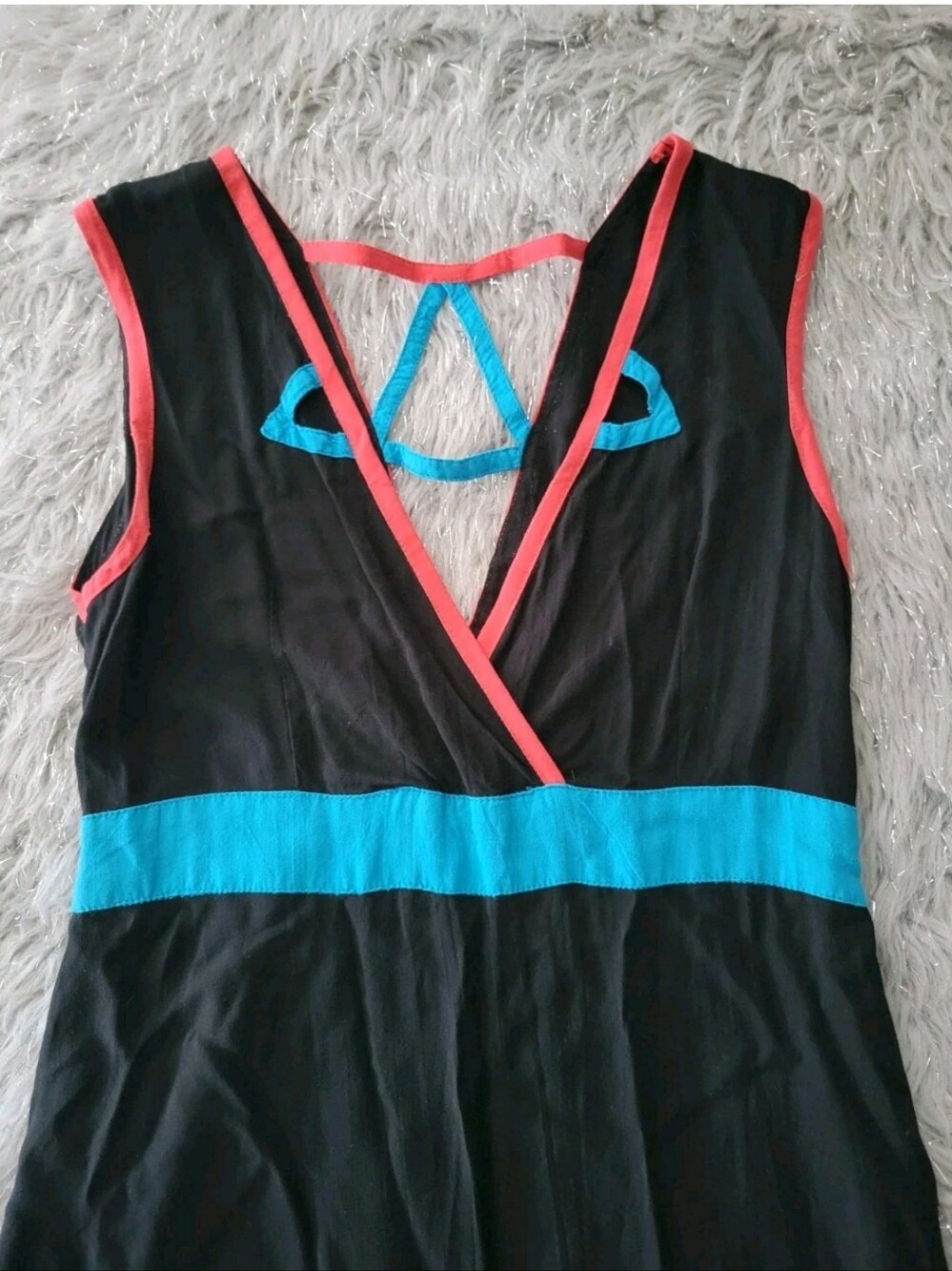 Vintage Y2k 90s 80s Black Neon Midi Sleeveless Dress Empire Waist Geometric M - Picture 4 of 8